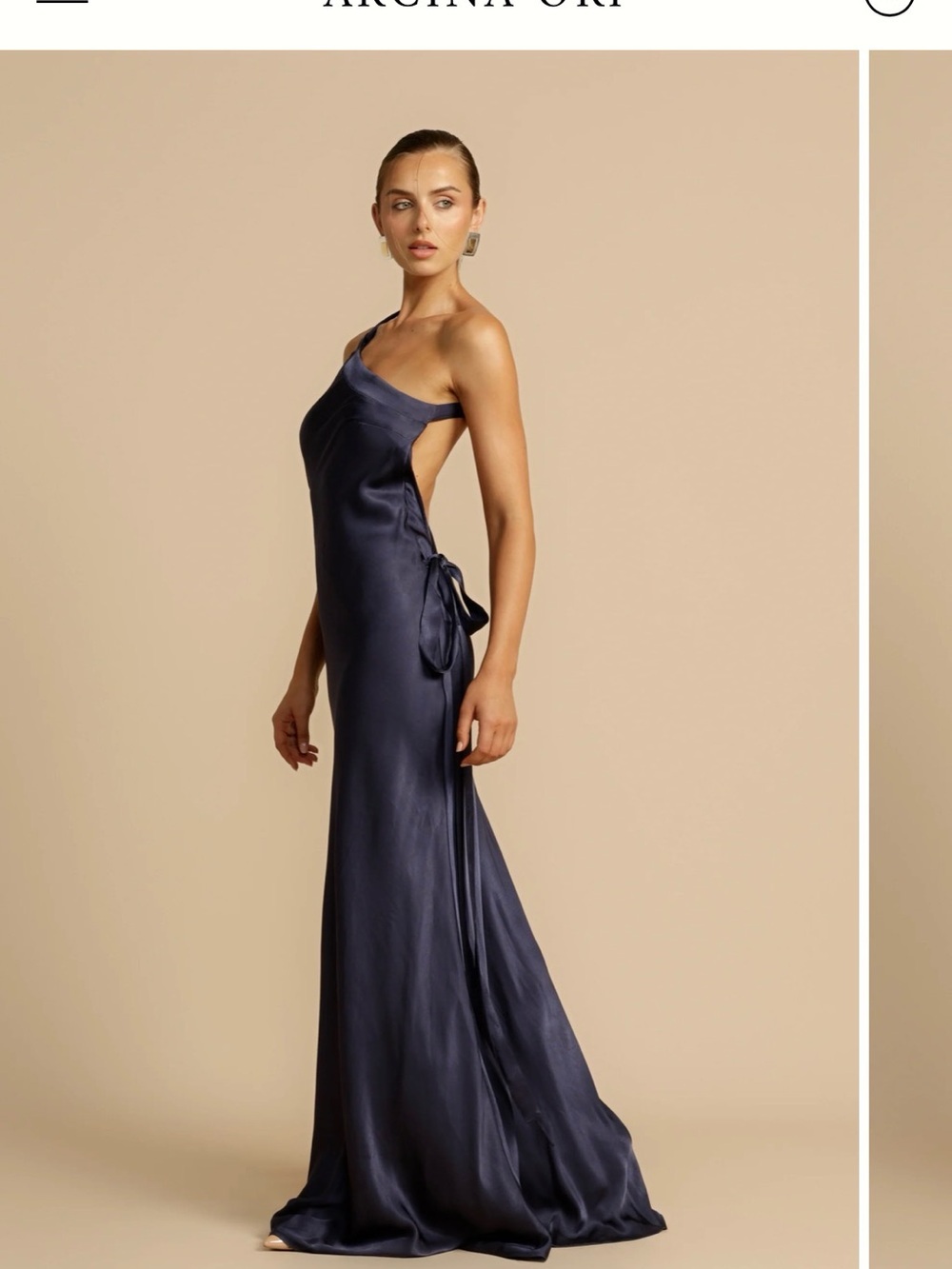 One-Shoulder Satin Evening Gown in Deep Navy
